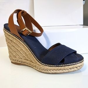 Tory Burch Blue and Brown Woven Wedges